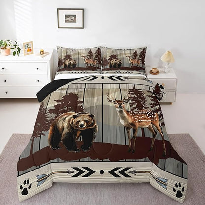 Feelyou Cute Bear Comforter Set Wild Animal Pattern Bedding Set for Teens Deer Wildlife Bear Bedding Set Western Farmhouse Grey Duvet Set Room Decor King Size Duvet Set 3Pcs