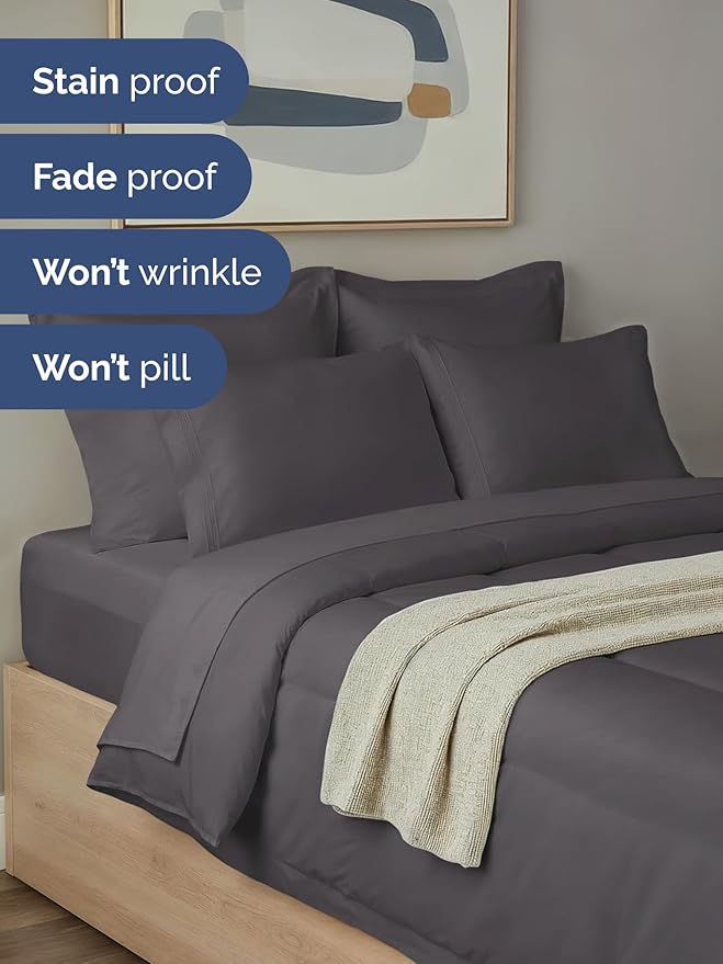Full Comforter Set - 7 Piece Bed in a Bag Full Size Bed Set - Down Alternative Comforter, Flat Sheet, Fitted Sheet, Pillowcase & Shams for All Seasons - Ultra Soft, Comfy and Breathable - Dark Grey