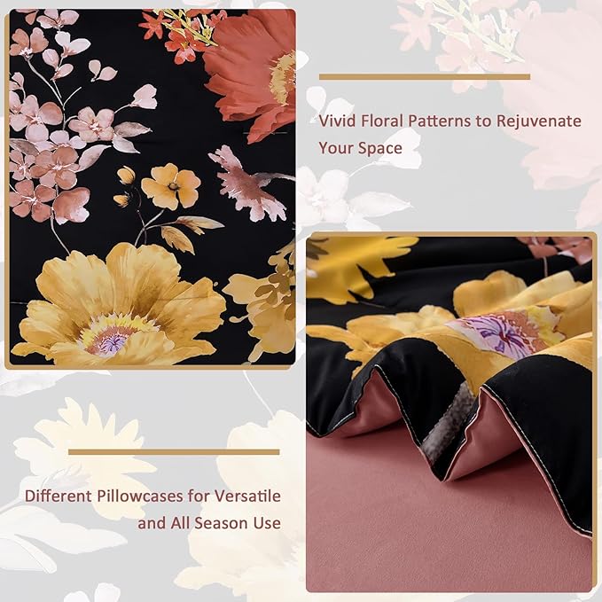 DJY Floral King Comforter Set - 7 Pieces Black & Blush Floral Bed in a Bag with Flower Leaves Pattern, Soft Microfiber Botanical Comforter and Sheet Set, All Season Bedding Set (104''x90'')