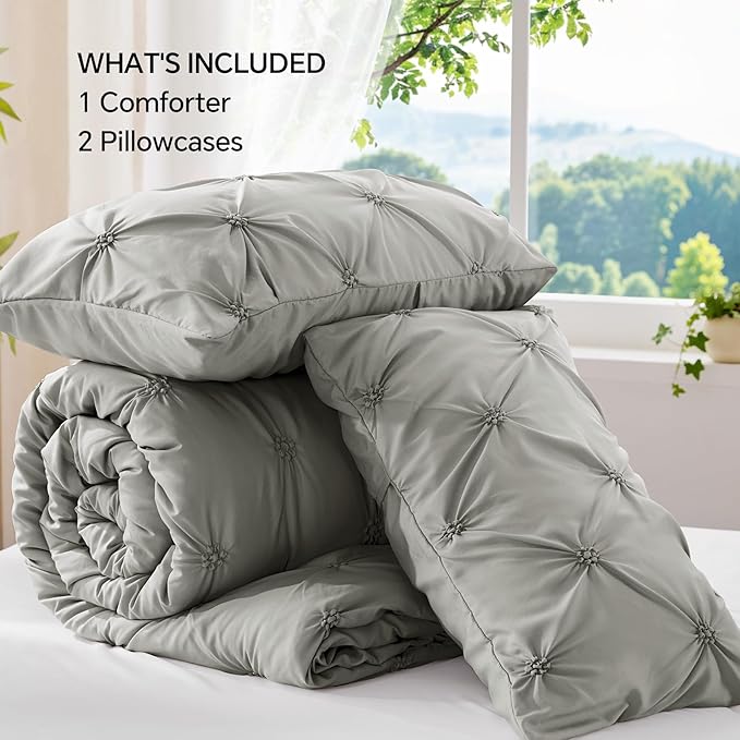 BEDELITE Grey King Size Comforter Set - 3 Pieces Boho Pintuck Bedding Comforter Sets, Lightweight Soft & Warm King Bedding Set with 2 Pillowcases for All Season