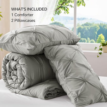 BEDELITE Grey King Size Comforter Set - 3 Pieces Boho Pintuck Bedding Comforter Sets, Lightweight Soft & Warm King Bedding Set with 2 Pillowcases for All Season