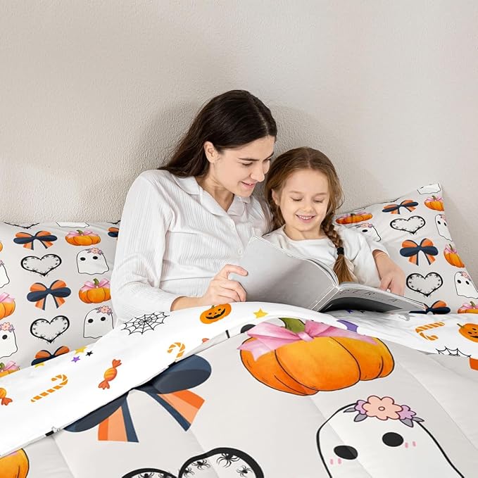 Erosebridal Fall Pumpkin Comforter Set Full, Halloween Ghost Bedding Set, Bow Comforter for Kid Girls Teens Women Kawaii Room Decor, Black Love Heart Quilt with 2 Pillowcases