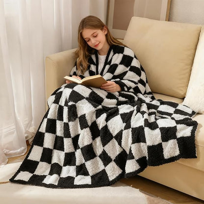 MorroMorn Checkered Blanket for Couch Bed Sofa Chair, Black Throw Blanket 2-Layers Soft Cozy Fleece Plaid Blankets Checkerboard Grid - Fluffy Fuzzy Plush Warm Home Decor, 60x80 inches
