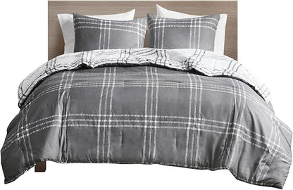 Intelligent Design Pike Reversible Comforter Set, Cottage Plaid Print, Modern Cabin Lifestyle, Down Alternative, All Season Bedding with Matching Sham, Twin/Twin XL White/Grey 2 Piece