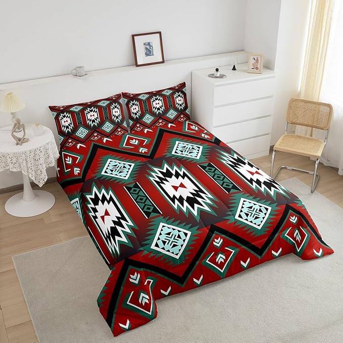 Feelyou Red Western Comforter Set Southwest Native Tribal Bedding Set Toddler Size for Kids Boys Girls Teens Room Decor Geometric Boho West Comforter Soft Microfiber