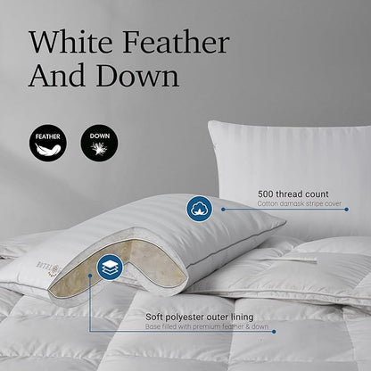 Hotel Grand 5-Star Feather Down Pillows Standard Size 2 Packs - 100% Cotton Machine Washable Soft Supportive Hypoallergenic Bed Pillows for All Sleep Positions