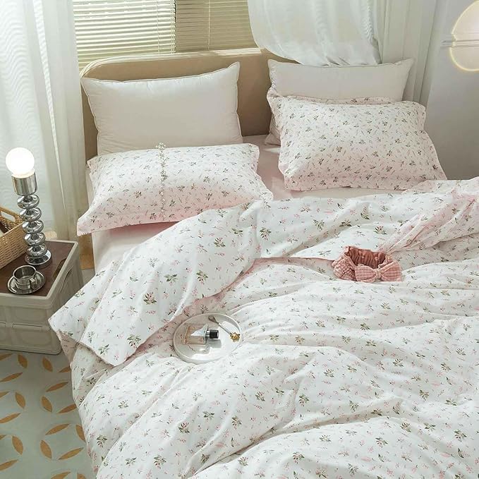 Faincy Floral Queen Size Comforter Set, Pink White Flower Leaf Pattern Printed Preppy Alternative Bedding Sets - 90 x 90 inch 3 PCs Soft Microfiber Duvet Modern Vintage Bed in a Bag for Women Men