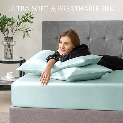 THXSILK 100% Mulberry Silk Fitted Sheet Set, 7A+ Silk 3 Pieces Bed Sheets, Breathable, Smooth, 16 Inch Deep Pocket Fitted Sheet, 2 Pillowcases - Light Blue, King