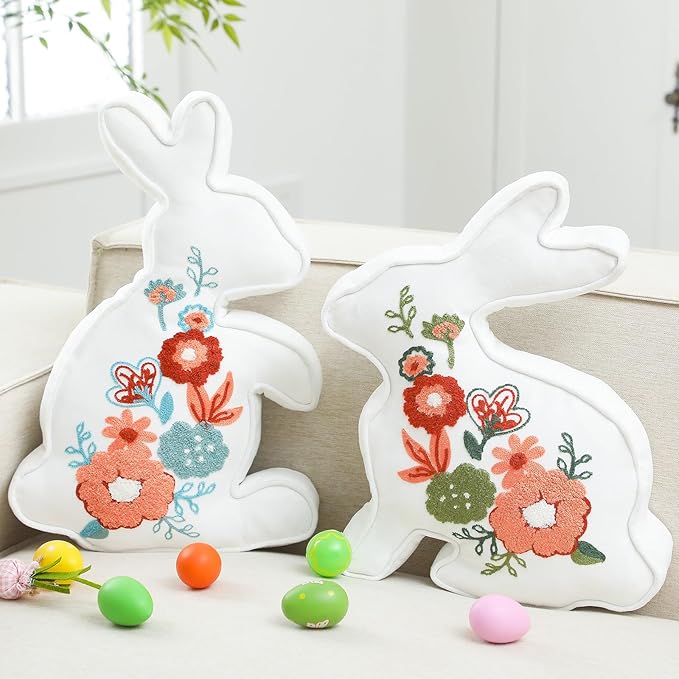 2 Pcs Easter Bunny Throw Pillow 2 Size Soft Velvet Bunny Shaped Floral Embroidered Rabbit Decorative Pillow Spring Office Decor for Sofa Bed Chair Living room, 18 x 11.8 Inch, 16.5 x 11.4 Inch
