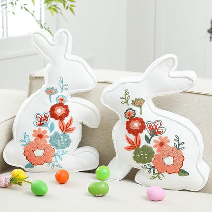 2 Pcs Easter Bunny Throw Pillow 2 Size Soft Velvet Bunny Shaped Floral Embroidered Rabbit Decorative Pillow Spring Office Decor for Sofa Bed Chair Living room, 18 x 11.8 Inch, 16.5 x 11.4 Inch
