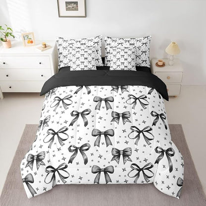 Erosebridal Bow Girls Cute Black Full Comforter Set 7 Pieces | Starry Bed in A Bag for Bedroom Bowknot Kawaii Bedding Set with Comforters Princess Room Decor