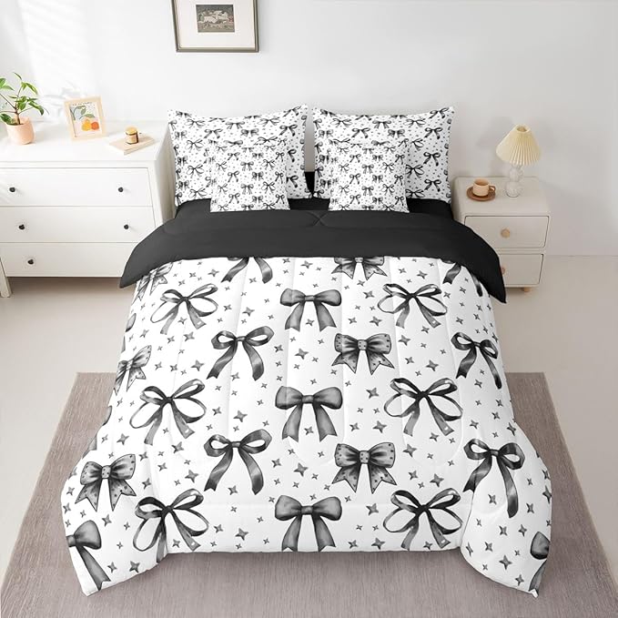 Erosebridal Bow Girls Cute Black Comforter Set Queen Size 7 Pieces | Starry Bed in A Bag Bowknot Kawaii Bed Set Princess Bedding