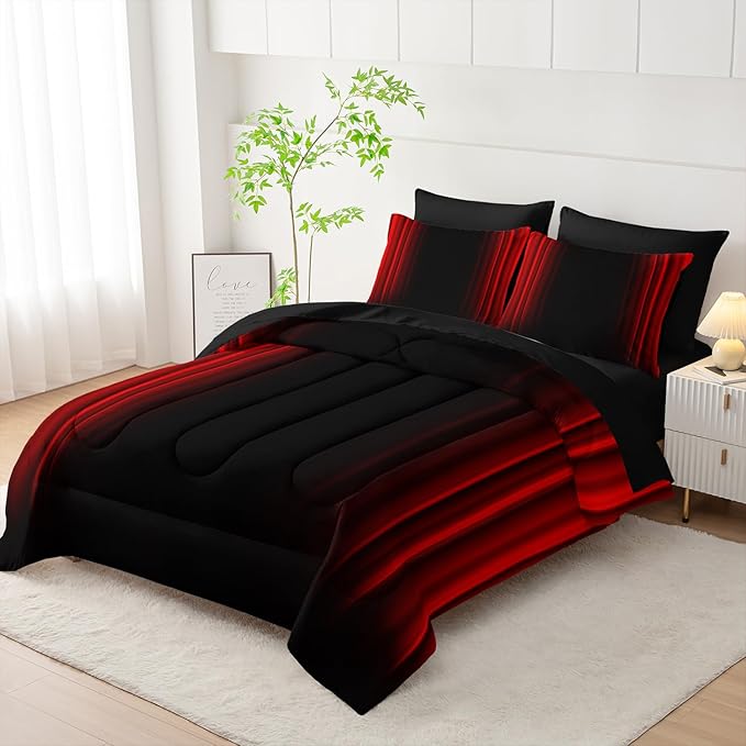 Red and Black Bedding Set Full Size Abstract Ombre Comforter Set Bedding Set 7 Piece in A Bag,Dark Quilt Set Mordern Art Decor All Seasons with Pillowcases,Flat, Fitted Sheet