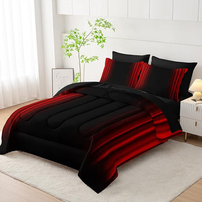 Red and Black Bedding Set Queen Size Abstract Ombre Comforter Set Bedding Set 7 Piece in A Bag,Dark Quilt Set Mordern Art Decor All Seasons with Pillowcases,Flat, Fitted Sheet