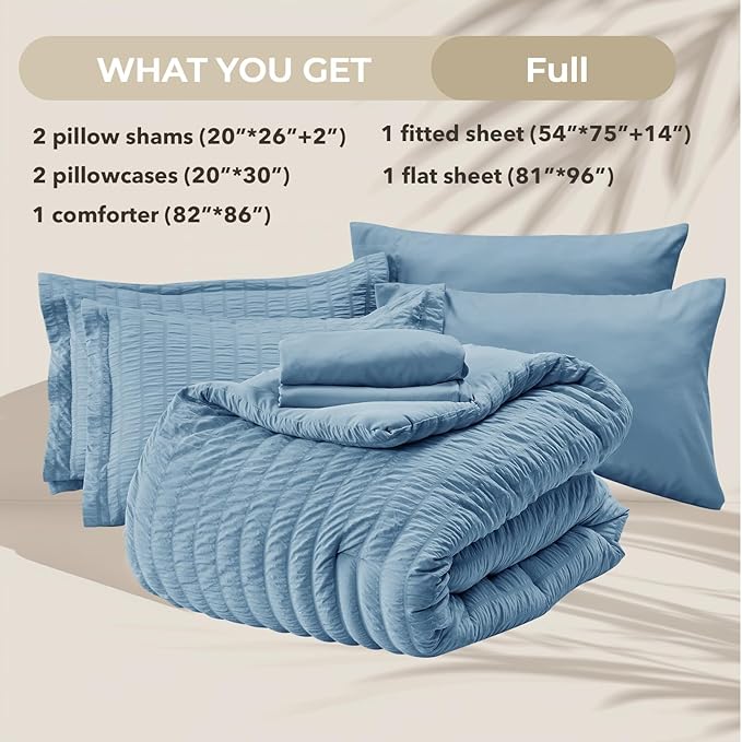 HYMOKEGE Mineral Blue Full Size Comforter Sets Seersucker 7 Pieces, All Season Luxury Bed in a Bag for Bedroom, Bedding Set with Comforter, Sheets, Pillowcases & Shams