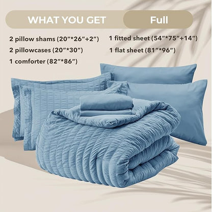 HYMOKEGE Mineral Blue Full Size Comforter Sets Seersucker 7 Pieces, All Season Luxury Bed in a Bag for Bedroom, Bedding Set with Comforter, Sheets, Pillowcases & Shams