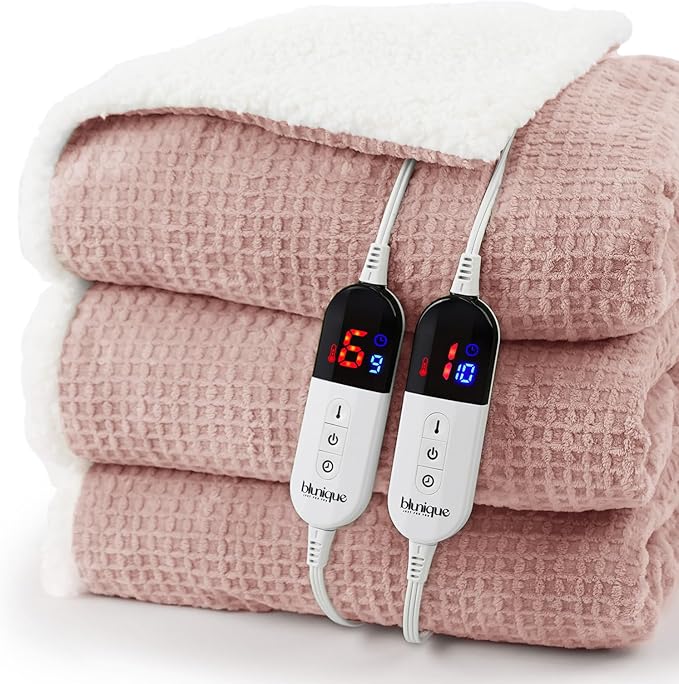 Heated Blanket Electric Blanket King Waffle, 90x100 Inches Dual Controllers Sherpa Fleece Fast Heating Blanket 6 Heating Levels & 10 Hours Auto Off ETL Certification, Pink King