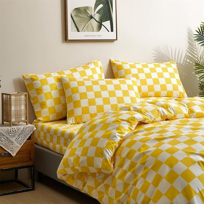 CLOTHKNOW Light Yellow Grid Queen Comforter Set Plaid Bedding Comforter Sets Checker Queen Comforter Light Yellow Queen Size Comforter Sets