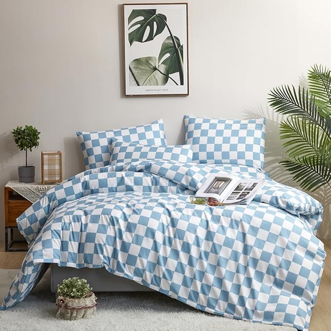 CLOTHKNOW Light Blue White Plaid Twin Comforter Set Grid Bedding Comforter Sets Blue Comforter Soft Lake Blue Comforter Sets Twin