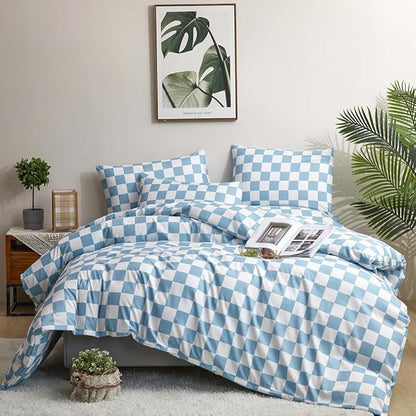 CLOTHKNOW Light Blue White Plaid Twin Comforter Set Grid Bedding Comforter Sets Blue Comforter Soft Lake Blue Comforter Sets Twin