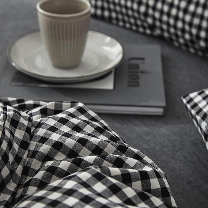 mixinni Black Gingham Comforter Set Full, Plaid Comforter Set 3 Pieces 1 Black Grid Comfoter with 2 Pillow Cases for All Seasons, Soft Fluffy Modern Grid Pattern Printed Bedding-Full Size