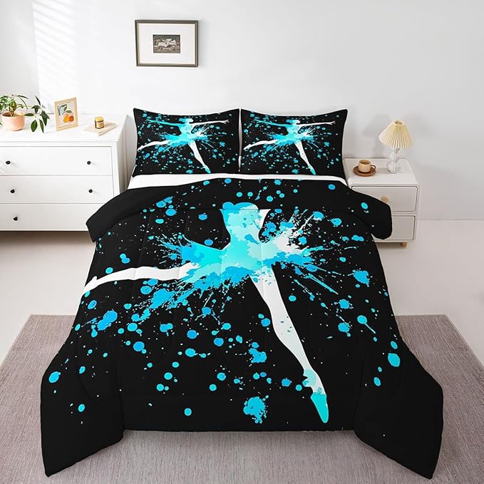 Erosebridal Girls Gymnastics Bedding Set for Gymnast Kids Boys Teens Blue Tie Dye King Size Comforter Set Gymnastics Lovers Down Comforter Dance Room Decor Gymnastics Sport Game Duvet Set, Black