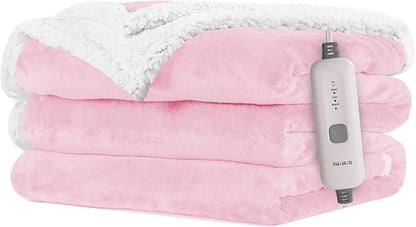 Electric Heated Blanket 62"x84" Twin Size Flannel & Sherpa - 4 Heat Settings & 10H Auto Shut Off for Safe Overnight Use, Fast Heating, Machine Washable for Bed, Couch, Office - Pink