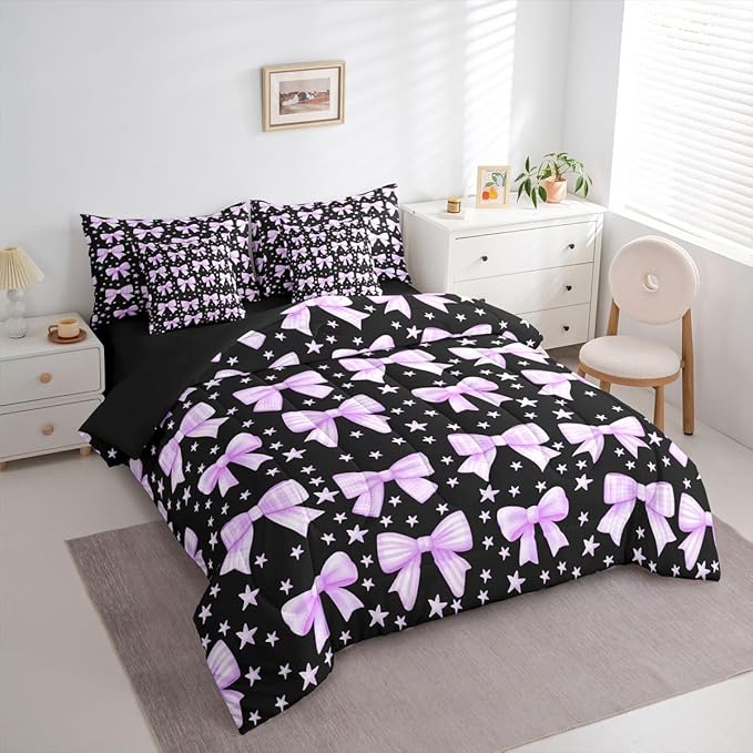 Erosebridal Bowknot Girls Kawaii Purple Black 7 Piece Bedding Set Twin | Cute Bow Comforter Set with Sheets Princess Y2K Dreamy Bed in A Bag Starry Bed Sets