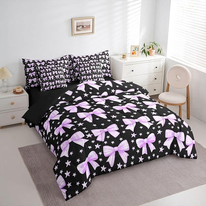 Erosebridal Bowknot Girls Kawaii Purple Black 7 Piece Bedding Set Twin | Cute Bow Comforter Set with Sheets Princess Y2K Dreamy Bed in A Bag Starry Bed Sets
