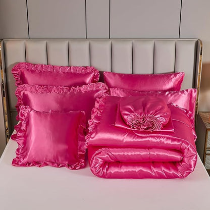 Bedding_Dreamer Queen Size Satin Bed in a Bag Hot Pink Bedding Set Silk Like Silky Comforter Set Sexy Silky Sheet Set Luxury Hotel Room Decor Womens Girly Bed Sets Ruffled Gothic Down Comforter 8 Pcs