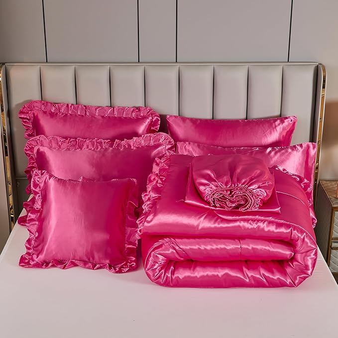 Bedding_Dreamer King Size Satin Bed in a Bag Hot Pink Bedding Set Silk Like Silky Comforter Set Sexy Silky Sheet Set Luxury Hotel Room Decor Womens Girly Bed Sets Ruffled Gothic Down Comforter 8 Pcs