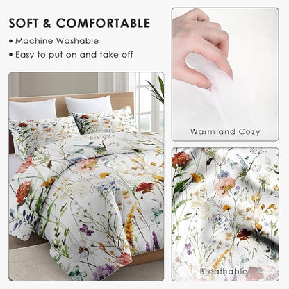 King Size Comforter Set with 2 Pillowcases, Wildflower Flower Floral 3 Pcs Bedding for Kids and Adults, Boho Watercolor Butterfly Soft Comforter Set for Bedroom Bed Decor
