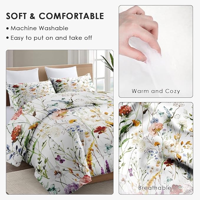 Full Size Comforter Set with 2 Pillowcases, Wildflower Flower Floral 3 Pcs Bedding for Kids and Adults, Boho Watercolor Butterfly Soft Comforter Set for Bedroom Bed Decor