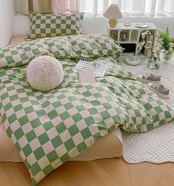 KAREVER Green White Grid Comforter Set Cal King Sage Green Plaid Bedding Set Women Light Green White Checkered Bed Set Breathable Blanket Set Men Durable Bedding Comforter Set