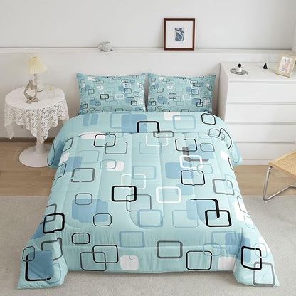 Erosebridal Aqua Geometric Square Bedding Set Full Modern Stripes Aesthetic Comforter Set for Kids Girls Boys Modern Gradient Ombre Down Comforter Soft Teal Grid Quilt Duvet