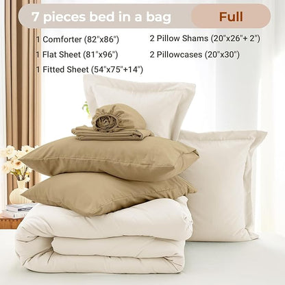 MUXHOMO 7 Pieces Full Comforter Set, Soft Bed in a Bag Full Size, All Season Bedding Set with Comforter, Flat Sheet, Fitted Sheet, Pillowcases & Shams, Ivory & Khaki