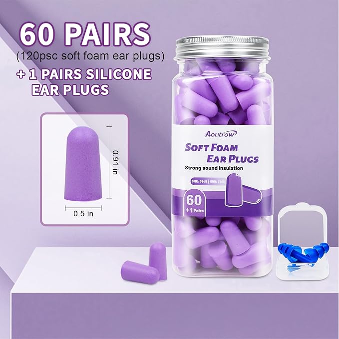 60 Pairs Soft Foam Ear Plugs, 38dB SNR Slow Rebound Ear Plugs for Sleeping Noise Cancelling, Noise Reduction, Work, Swimming, Shooting, Studying, Purple