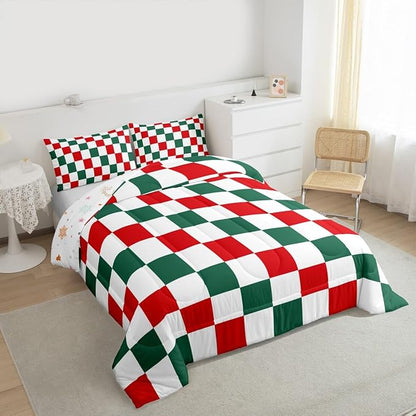 Checkered Christmas Comforter Set Full Size Red Green Plaid Bedding Set for Kids Boys Girls Geometric Vintage Duvet Quilt Modern Simple Groovy Aesthetic Bedroom Decor 3 Pcs with 2 Pillow Cases