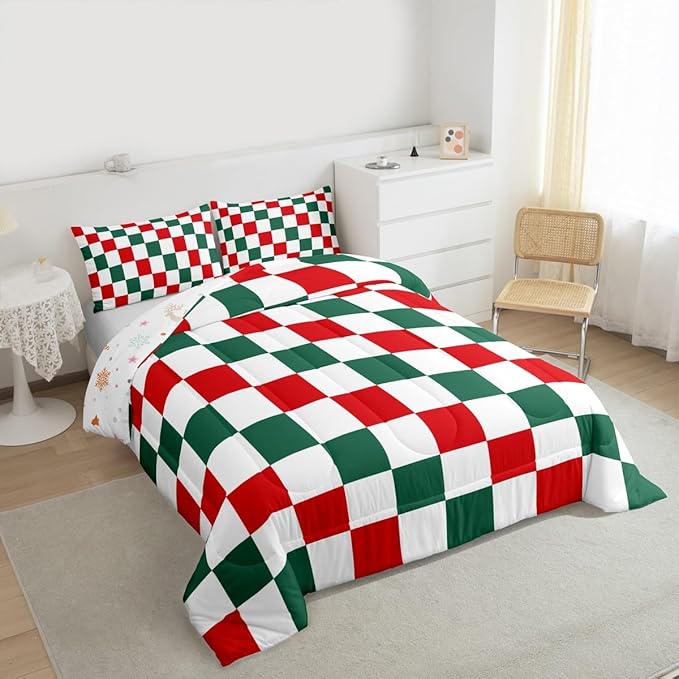 Checkered Christmas Comforter Set King Size Red Green Plaid Bedding Set for Kids Boys Girls Geometric Vintage Duvet Quilt Modern Simple Groovy Aesthetic Bedroom Decor 3 Pcs with 2 Pillow Cases