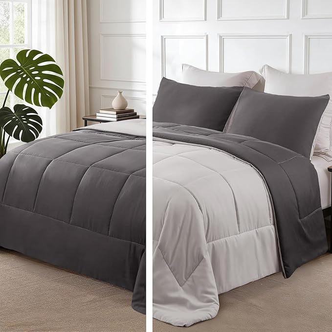 Exclusivo Mezcla Lightweight Reversible Queen Size Comforter Set, Down Alternative Comforter with 2 Pillow Sham, Queen Size Bedding Set for All Seasons, Grey