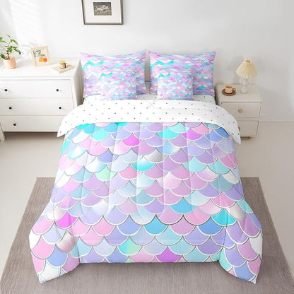 Castle Fairy 7 Pieces Fish Scales Comforter Set for Kids Colorful Bedding Set Queen Size,Romantic Style Comforter for Boys Girls Adult Mermaid Super Soft Fade Resistant Microfiber Bedding