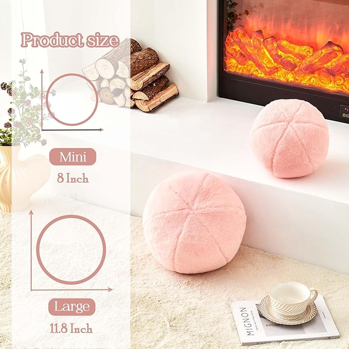 Uvvyui Pink Ball Pillow, 11.8" Cute Round Throw Pillow Faux Rabbit Fur Room Decorative Throw Pillow, Ball Shaped Pillow Plush Cushion for Couch, Sofa, Bedroom