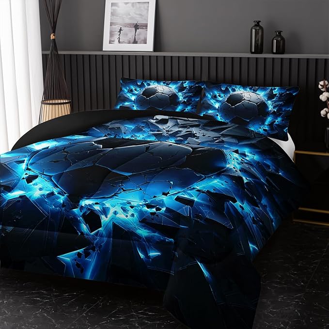 Soccer Bedding Comforter Set Queen Size for Kids Teens and Adults, Blue Black Football Printed Bedding Sets 3 PCS,Ball Sports Themed Bedroom Decor with 1 Comforter and 2 Pillowcases