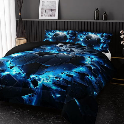 Soccer Bedding Comforter Set King Size for Kids Teens and Adults, Blue Black Football Printed Bedding Sets 3 PCS,Ball Sports Themed Bedroom Decor with 1 Comforter and 2 Pillowcases