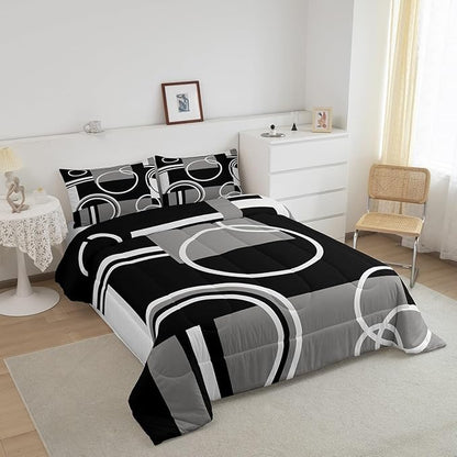 Erosebridal Modern Grey Black Striped Comforter Set Geometric Down Comforter Queen Size Retro Circle Swirls Bedding Set Bedroom Decor Abstract Texture Color Art Comforter for Kids Adult