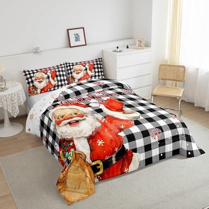 Merry Christmas Comforter Set King Size,Black White Plaid Bedding Set 3Pcs for Kids Boys Teens Girls Room Decor,Cartoon Santa Claus Quilt Set Cute Winter Snowflake Duvet Insert,2 Pillowcases