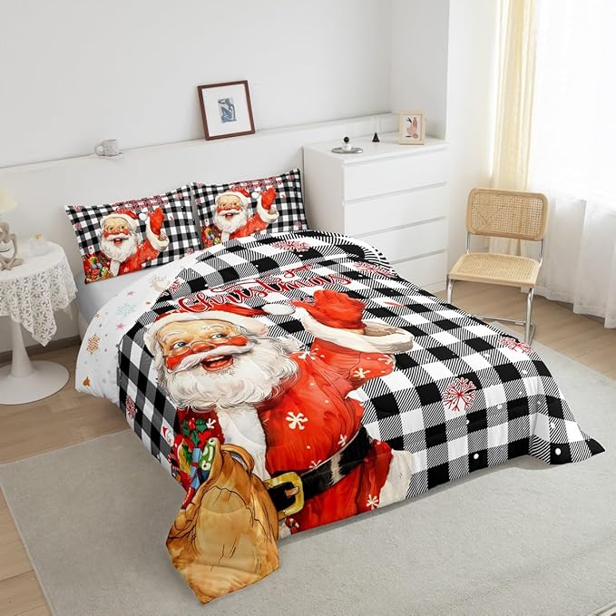 Merry Christmas Comforter Set Twin Size,Black White Plaid Bedding Set 2Pcs for Kids Boys Teens Girls Room Decor,Cartoon Santa Claus Quilt Set Cute Winter Snowflake Duvet Insert,1 Pillowcase