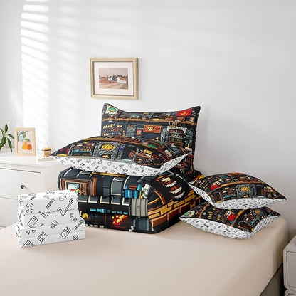 Building Games 7Pcs Comforter Set Twin Size,Sandbox Block Pixelated Bedding Sets for Kids Teens Boys Room Decor,Miner Style Fitted Flat Sheet Cartoon Gamepad Reversible 2 Throw Pillow,2 Pillowcases