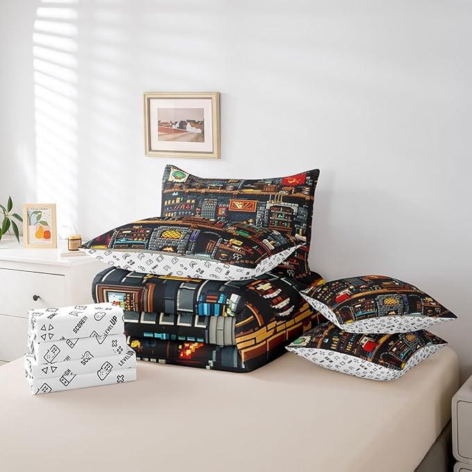 Building Games 7Pcs Comforter Set Full Size,Sandbox Block Pixelated Bedding Sets for Kids Teens Boys Room Decor,Miner Style Fitted Flat Sheet Cartoon Gamepad Reversible 2 Throw Pillow,2 Pillowcases