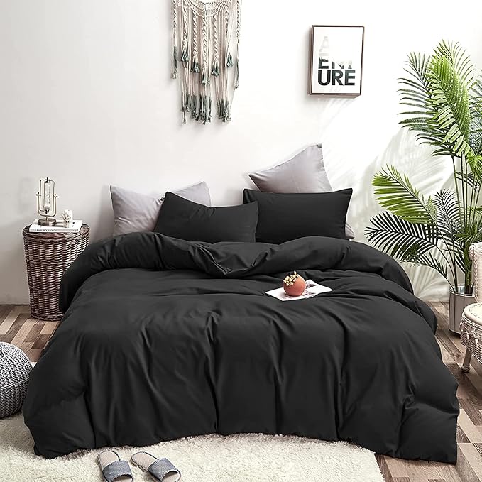 Wellboo Black Comforter California King Solid Color Bedding Set Soft Cal King Dark Black Quilt Comforters Lightweight All Seasons Minimalist Design Bedding for Women Men Vintage Bedding